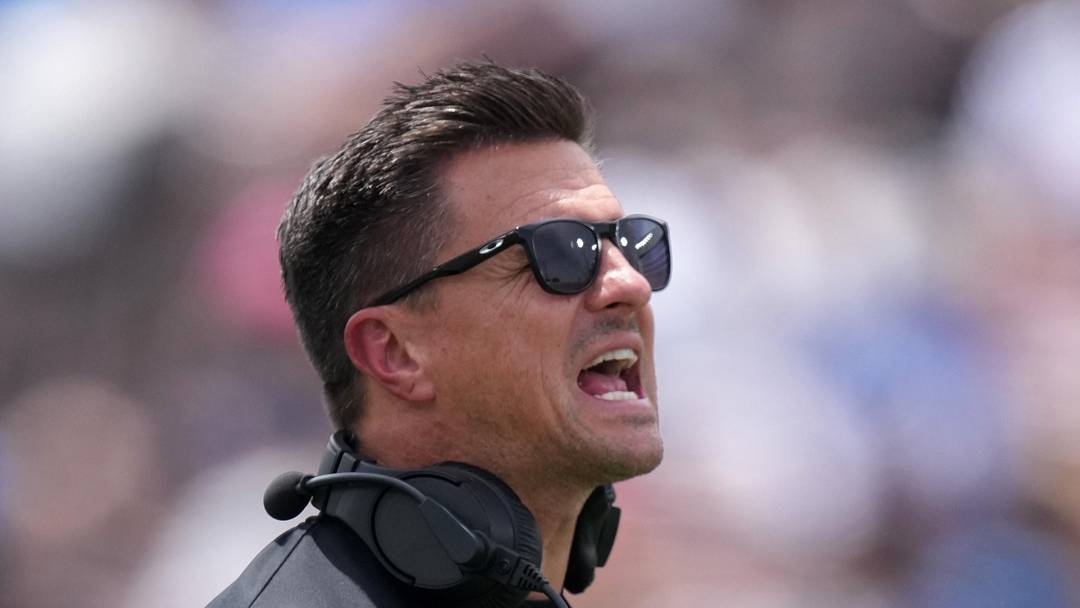 May 2, 2026; Pasadena, CA, USA; UCLA Bruins coach Bob Chesney reacts during the spring game at Rose Bowl. Mandatory Credit: Kirby Lee-Imagn Images