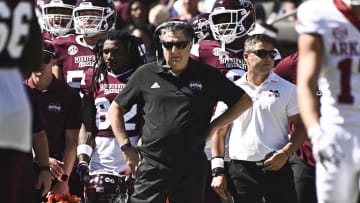 Oct 8, 2022; Starkville, Mississippi, USA;Mississippi State Bulldogs head coach Mike Leach stands on the sidelines  during the second quarter of the game against the Arkansas Razorbacks at Davis Wade Stadium at Scott Field. Mandatory Credit: Matt Bush-USA TODAY Sports