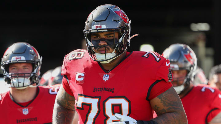 Dec 31, 2023; Tampa, Florida, USA;  Tampa Bay Buccaneers offensive tackle Tristan Wirfs (78) warms up before a game against the New Orleans Saints at Raymond James Stadium. Mandatory Credit: Nathan Ray Seebeck-USA TODAY Sports