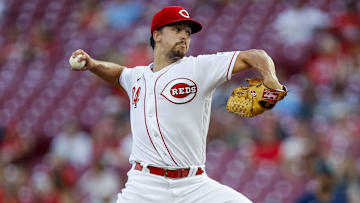 Sep 5, 2023; Cincinnati, Ohio, USA; Cincinnati Reds starting pitcher Connor Phillips (34) pitches against the Seattle Mariners in the first inning at Great American Ball Park. Mandatory Credit: Katie Stratman-Imagn Images
