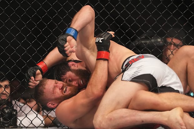 Jan Blachowicz fights Magomed Ankalaev during UFC 282 at T-Mobile Arena. 