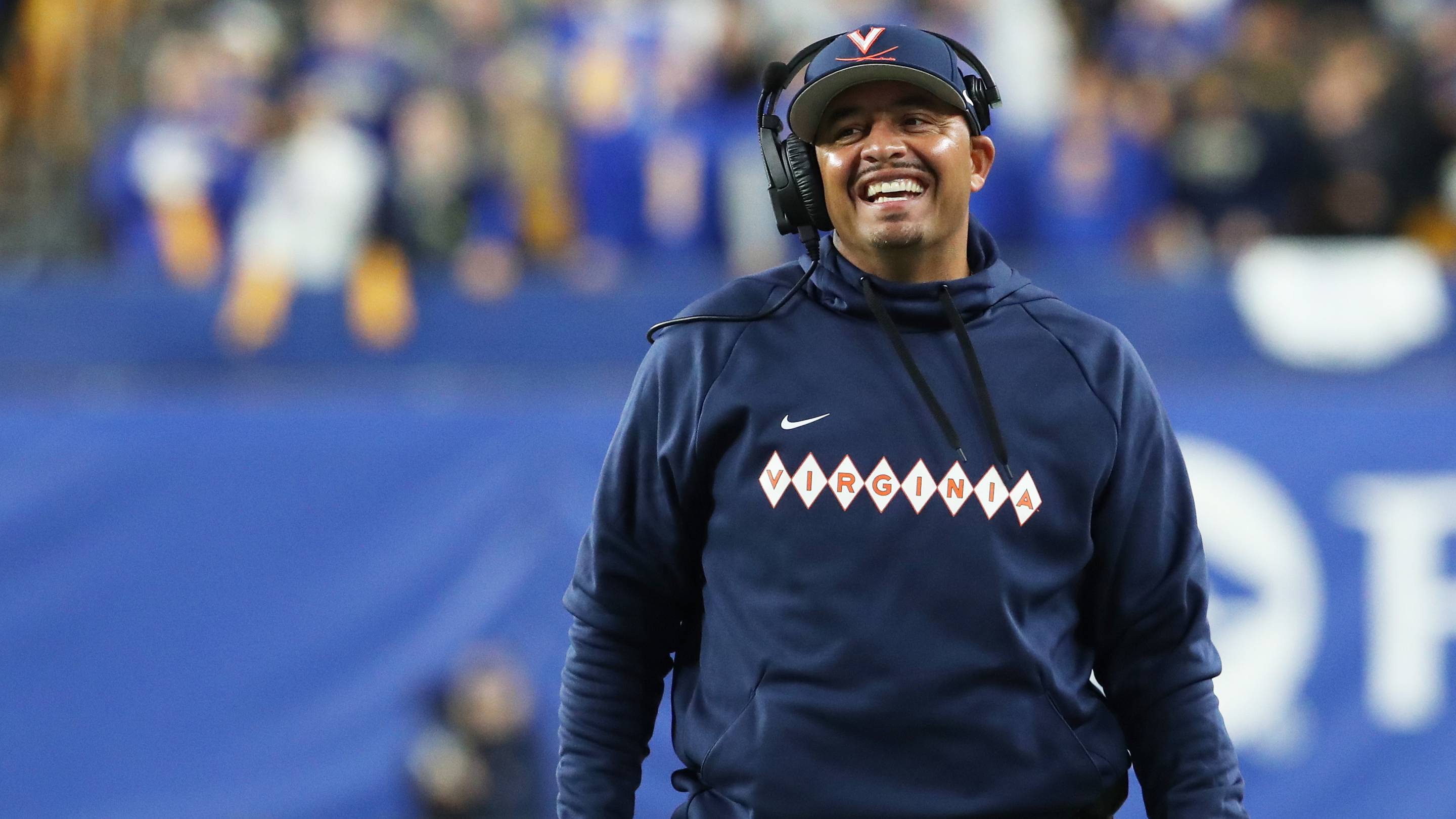 Nov 9, 2024; Pittsburgh, Pennsylvania, USA; Virginia Cavaliers head coach Tony Elliott reacts on the sidelines against the Pittsburgh Panthers during the second quarter at Acrisure Stadium. Mandatory Credit: Charles LeClaire-Imagn Images