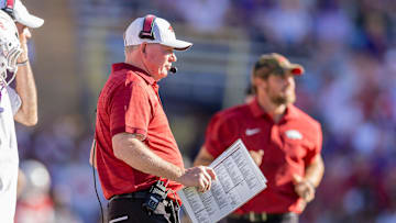 Nov 15, 2025; Baton Rouge, Louisiana, USA;  Arkansas interim head coach Bobby Petrino looks on against the LSU Tigers during the second half at Tiger Stadium. Mandatory Credit: Stephen Lew-Imagn Images
