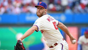 Jun 15, 2025; Philadelphia, Pennsylvania, USA; Philadelphia Phillies pitcher Zack Wheeler (45) throws a pitch during the first inning against the Toronto Blue Jays at Citizens Bank Park.