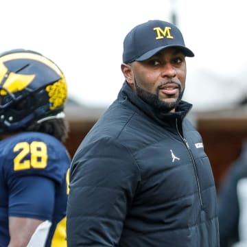 Michigan head coach Sherrone Moore watches a play during the second half of the spring game at Michigan Stadium in Ann Arbor on Saturday, April 20, 2024.