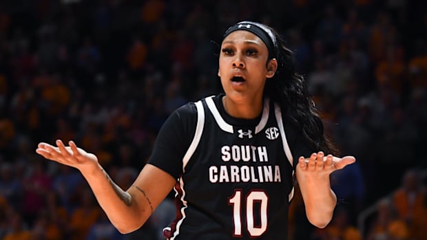South Carolina's Kamilla Cardoso (10) reacts to a possession call during an NCAA college basketball game against Tennessee on