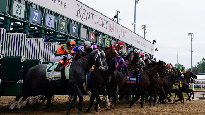 The field of horses leave the starting gate for the 149th running of the Kentucky Derby in 2023.