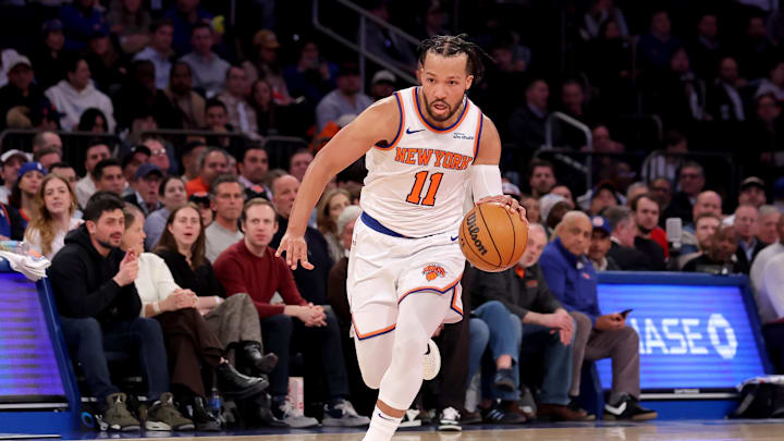 Jan 13, 2025; New York, New York, USA; New York Knicks guard Jalen Brunson (11) brings the ball up court against the Detroit Pistons during the second quarter at Madison Square Garden. Mandatory Credit: Brad Penner-Imagn Images