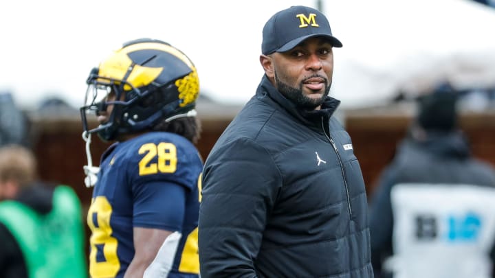 Michigan head coach Sherrone Moore watches a play during the second half of the spring game at Michigan Stadium in Ann Arbor on Saturday, April 20, 2024.