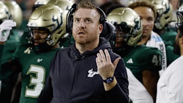 Oct 18, 2025; Tampa, Florida, USA;  South Florida Bulls head coach Alex Golesh reacts to a replay during the second quarter against the Florida Atlantic Owls at Raymond James Stadium. Mandatory Credit: Reinhold Matay-Imagn Images