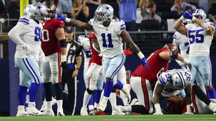 Dallas Cowboys linebacker Micah Parsons reacts after recording a sack during the second quarter against the Tampa Bay Buccaneers. Dallas Cowboys linebacker Micah Parsons reacts after recording a sack during the second quarter against the Tampa Bay Buccaneers.