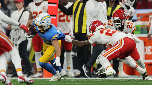 Chargers wide receiver Ladd McConkey (15) runs against the Chiefs in Brazil.