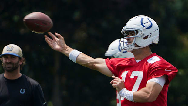 Indianapolis Colts quarterback Daniel Jones (17) throws the ball Tuesday, June 10, 2025, during NFL Colts mandatory