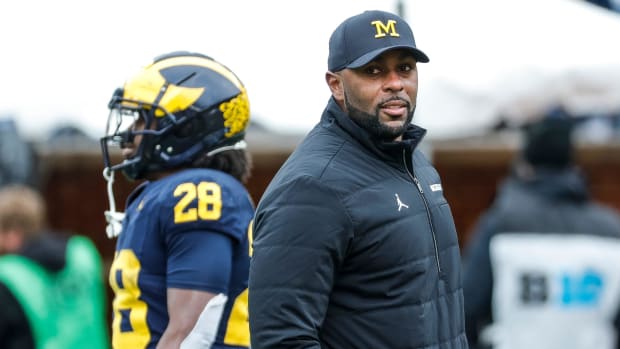 Michigan head football coach Sherrone Moore before the Wolverines spring game in 2024.