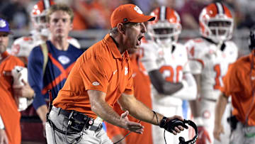 Oct 5, 2024; Tallahassee, Florida, USA; Clemson Tigers head coach Dabo Swinney reacts during the second half against the Florida State Seminoles at Doak S. Campbell Stadium. Mandatory Credit: Melina Myers-Imagn Images