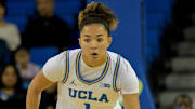 Dec 7, 2025; Los Angeles, California, USA;  UCLA Bruins guard Kiki Rice (1) handles the ball during the first half against the Oregon Ducks at Pauley Pavilion presented by Wescom Financial. Mandatory Credit: Jayne Kamin-Oncea-Imagn Images