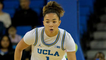 Dec 7, 2025; Los Angeles, California, USA;  UCLA Bruins guard Kiki Rice (1) handles the ball during the first half against the Oregon Ducks at Pauley Pavilion presented by Wescom Financial. Mandatory Credit: Jayne Kamin-Oncea-Imagn Images