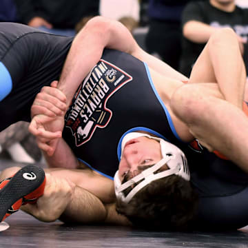 Yianni Marinis (Zephyrhills Christian) wins a 9-5 decision over Jake Wyatt (Palmetto) in the 140-pound division at the Braves Invitational Saturday.