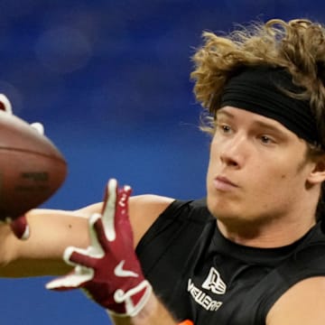 Detroit Lions Isaac Teslaa (WO41) during the 2025 NFL Combine at Lucas Oil Stadium
