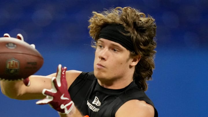 Detroit Lions Isaac Teslaa (WO41) during the 2025 NFL Combine at Lucas Oil Stadium