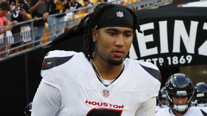 Aug 9, 2024; Pittsburgh, Pennsylvania, USA;  Houston Texans quarterback C.J. Stroud (7) takes the field against the Pittsburgh Steelers during the first quarter at Acrisure Stadium. Mandatory Credit: Charles LeClaire-USA TODAY Sports