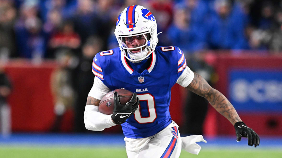 Nov 2, 2025; Orchard Park, New York, USA; Buffalo Bills wide receiver Keon Coleman (0) runs with the ball in the second half against the Kansas City Chiefs at Highmark Stadium. Mandatory Credit: Mark Konezny-Imagn Images