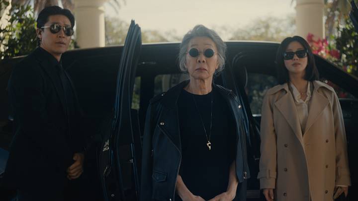 (L to R) Jason Jin as JB, Youn Yuh-jung as Chairwoman Park, Seoyeon Jang as Eunice in episode 201 of Beef