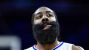 Mar 27, 2024; Philadelphia, Pennsylvania, USA; LA Clippers guard James Harden (1) reacts after his score against the Philadelphia 76ers during the first quarter at Wells Fargo Center. 