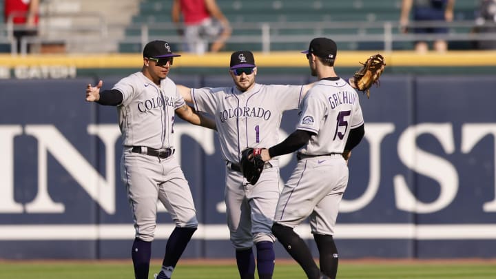 Sep 14, 2022; Chicago, Illinois, USA; Colorado Rockies players celebrate a win against the Chicago