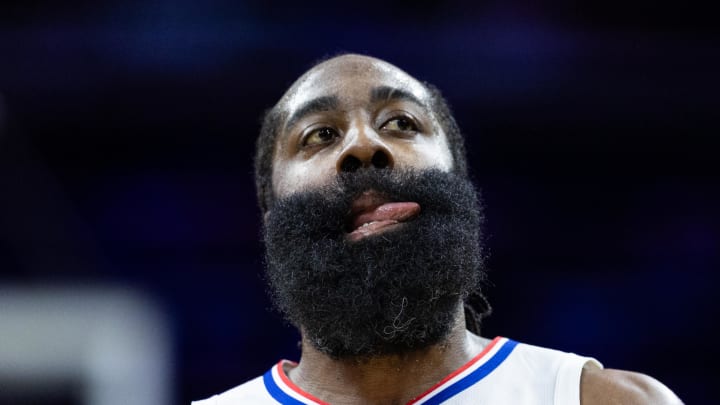 Mar 27, 2024; Philadelphia, Pennsylvania, USA; LA Clippers guard James Harden (1) reacts after his score against the Philadelphia 76ers during the first quarter at Wells Fargo Center. Mandatory Credit: Bill Streicher-USA TODAY Sports