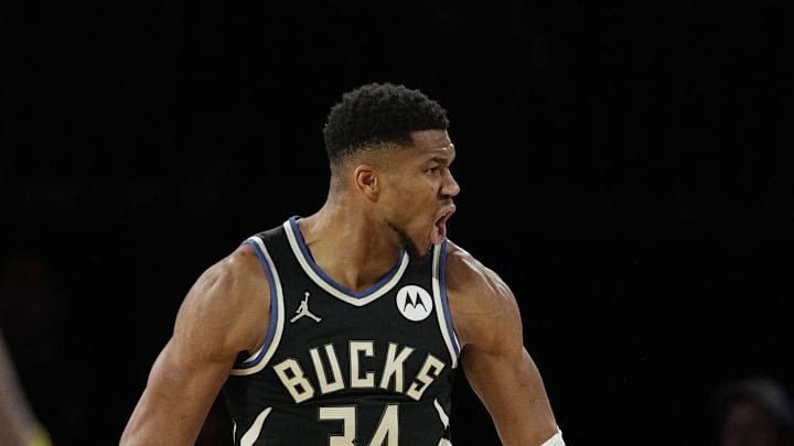 Milwaukee Bucks forward Giannis Antetokounmpo reacts during the first quarter against the Atlanta Hawks on Dec. 14, 2024.