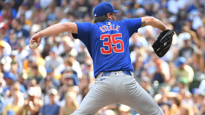 Jun 29, 2024; Milwaukee, Wisconsin, USA; Chicago Cubs pitcher Justin Steele (35) delivers a pitch in the fourth inning against the Milwaukee Brewers at American Family Field.