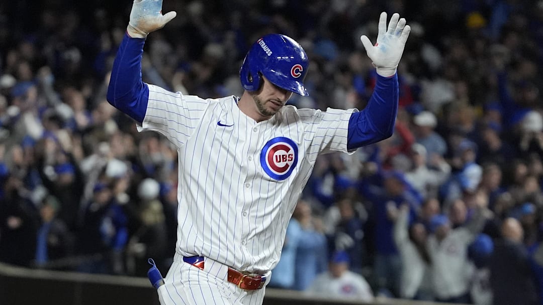 Oct 9, 2025; Chicago, Illinois, USA; Chicago Cubs right fielder Kyle Tucker (30) reacts after hitting a home run against the Milwaukee Brewers during the seventh inning for game four of the NLDS round for the 2025 MLB playoffs at Wrigley Field.