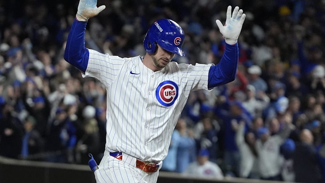 Oct 9, 2025; Chicago, Illinois, USA; Chicago Cubs right fielder Kyle Tucker (30) reacts after hitting a home run against the Milwaukee Brewers during the seventh inning for game four of the NLDS round for the 2025 MLB playoffs at Wrigley Field.