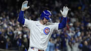 Oct 9, 2025; Chicago, Illinois, USA; Chicago Cubs right fielder Kyle Tucker (30) reacts after hitting a home run against the Milwaukee Brewers during the seventh inning for game four of the NLDS round for the 2025 MLB playoffs at Wrigley Field. Mandatory Credit: David Banks-Imagn Images