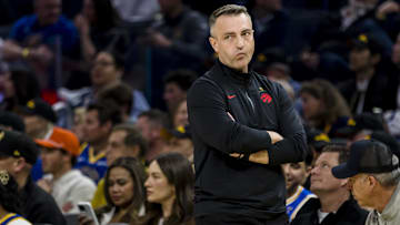 Mar 20, 2025; San Francisco, California, USA; Toronto Raptors head coach Darko Rajakovic reacts during the first quarter against the Golden State Warriors at Chase Center. Mandatory Credit: John Hefti-Imagn Images