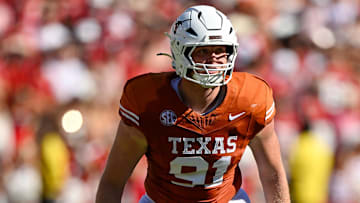 Oct 11, 2025; Dallas, Texas, USA; Texas Longhorns defensive end Ethan Burke (91) during the game between the Texas Longhorns and the Oklahoma Sooners at the Cotton Bowl. 