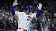Oct 9, 2025; Chicago, Illinois, USA; Chicago Cubs right fielder Kyle Tucker (30) reacts after hitting a home run against the Milwaukee Brewers during the seventh inning for game four of the NLDS round for the 2025 MLB playoffs at Wrigley Field. Mandatory Credit: David Banks-Imagn Images