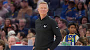 Jan 18, 2025; San Francisco, California, USA; Golden State Warriors head coach Steve Kerr reacts against the Washington Wizards during the third quarter at Chase Center. Mandatory Credit: Robert Edwards-Imagn Images
