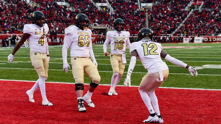 Nov 25, 2023; Salt Lake City, Utah, USA; Colorado Buffaloes athlete Travis Hunter (12) does a