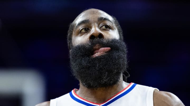 LA Clippers guard James Harden (1) reacts after his score against the Philadelphia 76ers during the first quarter at Wells Fargo Center. 