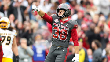 Oklahoma Sooners linebacker Owen Heinecke (38) reacts during the first half against the Missouri Tigers at Gaylord Family-Oklahoma Memorial Stadium. 
