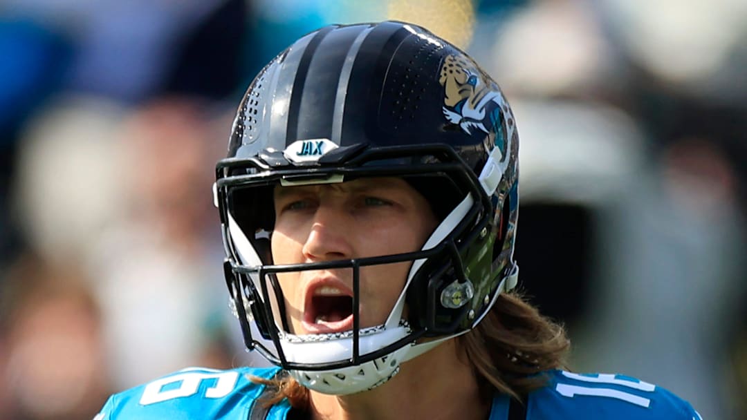 Jacksonville Jaguars quarterback Trevor Lawrence (16) reacts to a false start during the first quarter of an NFL football AFC Wild Card playoff matchup, Sunday, Jan. 11, 2026, in Jacksonville, Fla. The Bills defeated the Jaguars 27-24. [Corey Perrine/Florida Times-Union]