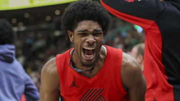 Dec 2, 2023; Salt Lake City, Utah, USA; Portland Trail Blazers guard Scoot Henderson (00) reacts to a play against the Utah Jazz during the second half at Delta Center. Mandatory Credit: Rob Gray-Imagn Images