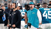 Aug 9, 2025; Jacksonville, Florida, USA; Jacksonville Jaguars defensive coordinator Anthony Campanile stands with head coach Liam Coen on the sidelines during a preseason game against the Pittsburgh Steelers at EverBank Stadium. Mandatory Credit: Travis Register-Imagn Images