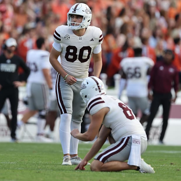 Mississippi State Bulldogs place kicker Kyle Ferrie against Auburn Tigers at Jordan-Hare Stadium.