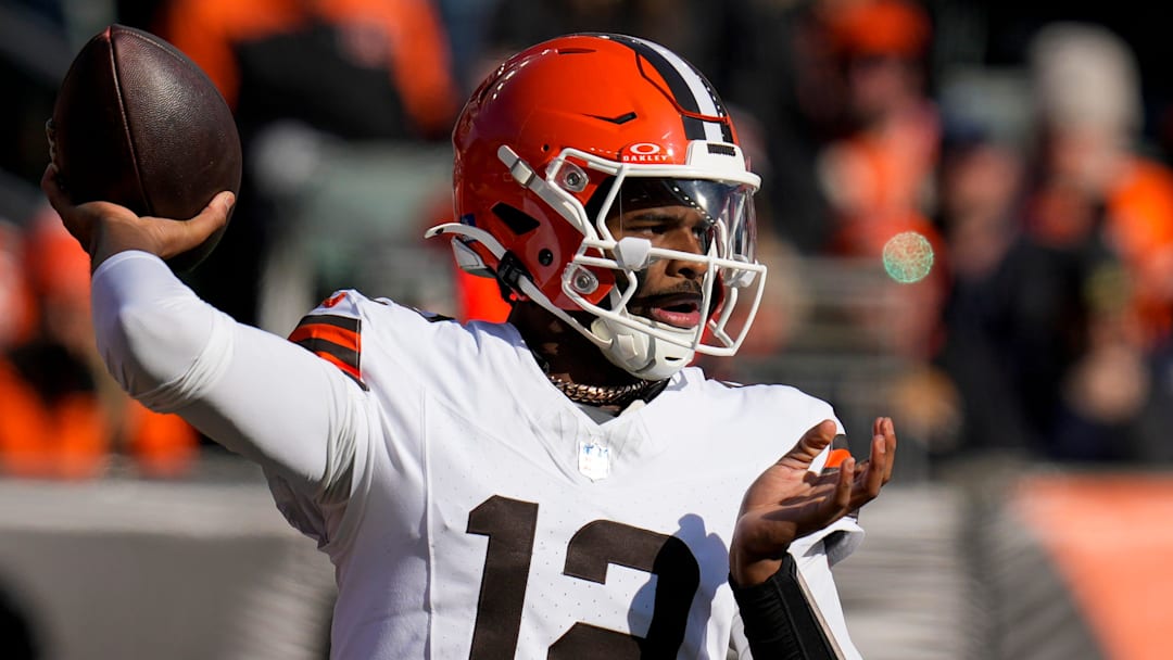 Cleveland Browns quarterback Shedeur Sanders (12) throws a pass in the first quarter of the NFL Week 18 game between the Cincinnati Bengals and the Cleveland Browns at Paycor Stadium in Downtown Cincinnati on Sunday, Jan. 4, 2026.
