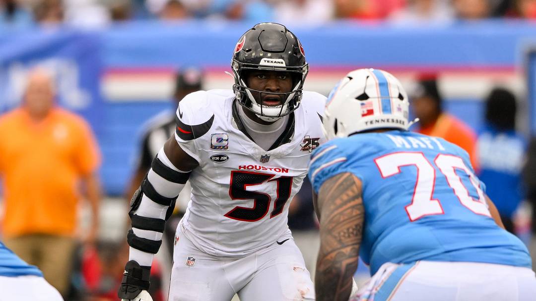 Oct 11, 2026; Nashville, Tennessee, USA; Houston Texans defensive end Will Anderson Jr. (51) sneaks a peak into the backfield against the Tennessee Titans during the second half at Nissan Stadium. Oct 11, 2026; Nashville, Tennessee, USA; Houston Texans defensive end Will Anderson Jr. (51) sneaks a peak into the backfield against the Tennessee Titans during the second half at Nissan Stadium.