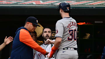 Sep 28, 2024; Cleveland, Ohio, USA; Houston Astros right fielder Kyle Tucker (30) celebrates after scoring during the first inning against the Cleveland Guardians at Progressive Field. Mandatory Credit: Ken Blaze-Imagn Images