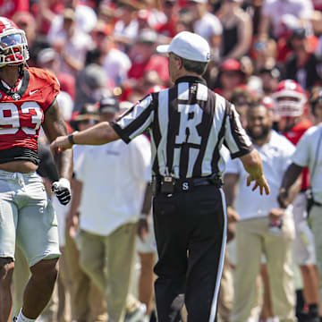 Sep 7, 2024; Athens, Georgia, USA; Georgia Bulldogs defensive lineman Tyrion Ingram-Dawkins (93) reacts after a tackle against the Tennessee Tech Golden Eagles during the first half at Sanford Stadium. Mandatory Credit: Dale Zanine-Imagn Images